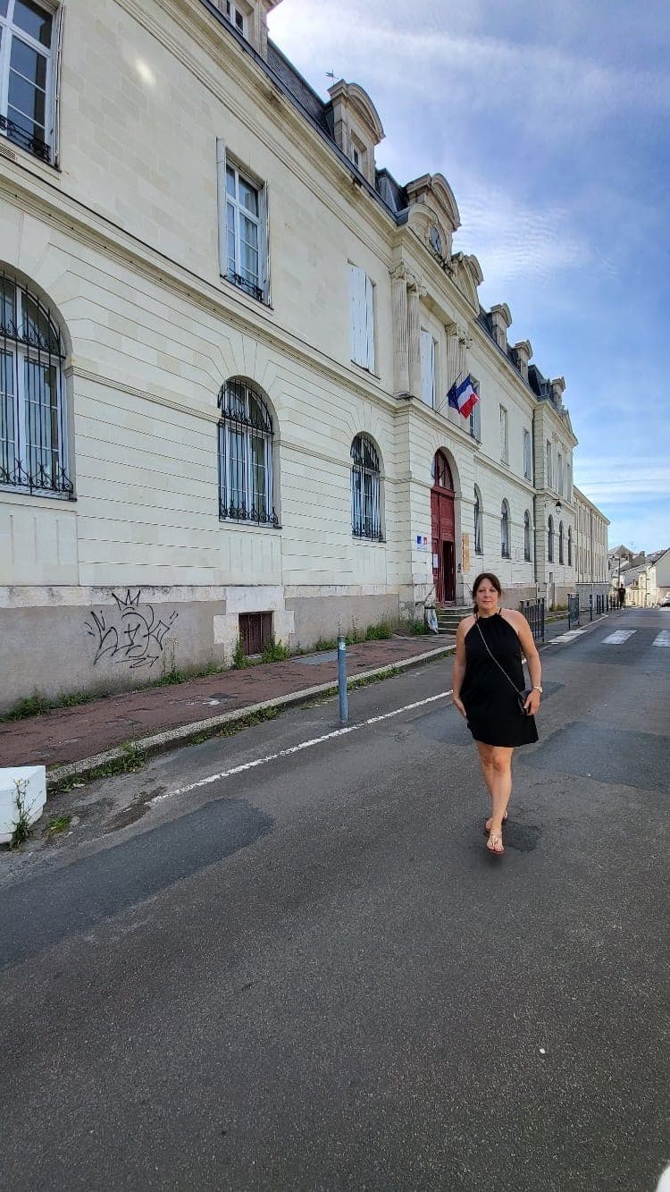 Séverine outside her secondary school in Saumur, France