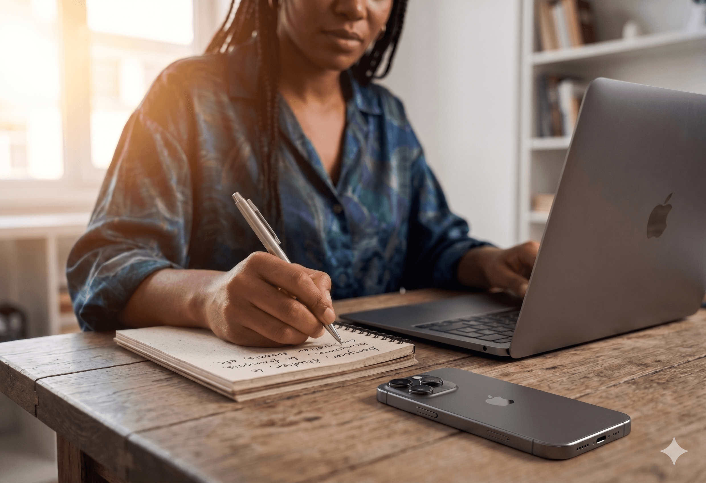 Studying French — handwritten notes alongside an online lesson